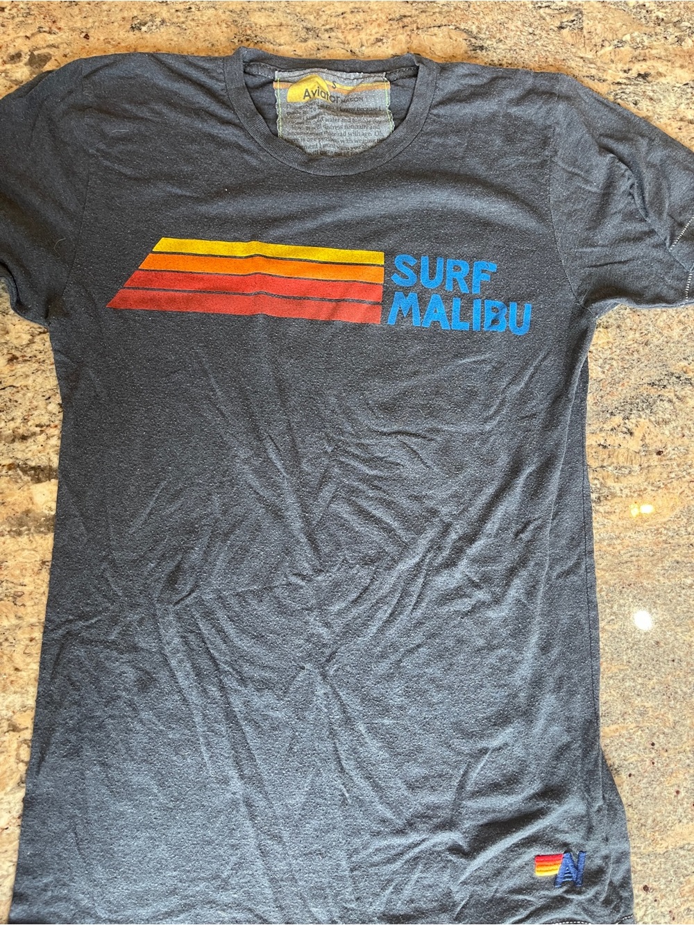 Aviator Nation Charcoal 'Surf Malibu' Vintage Tee in Sunset Stripes